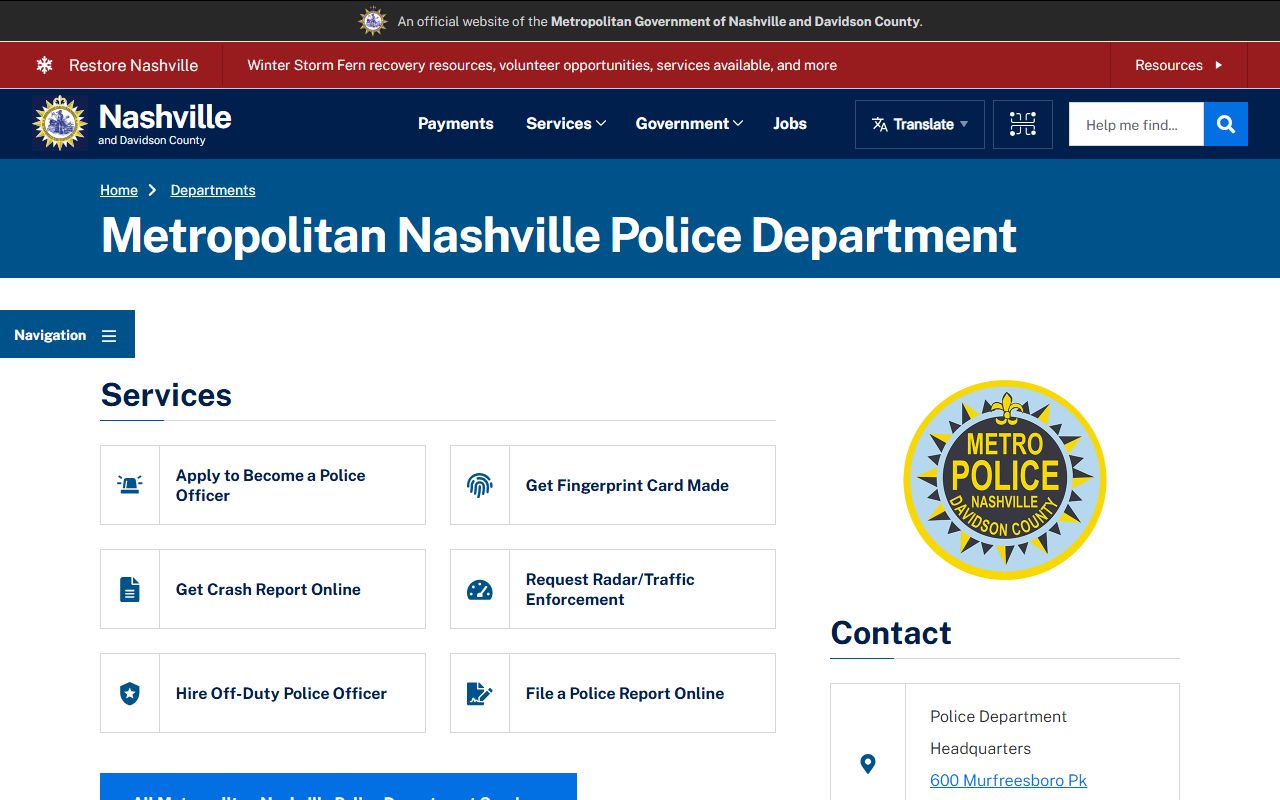 Metro Nashville Police Department records and background check resources