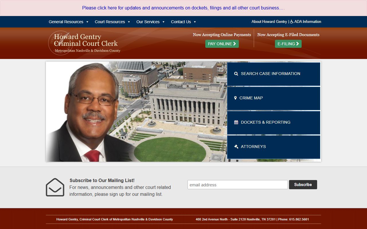 Davidson County Criminal Court Clerk website showing background check services