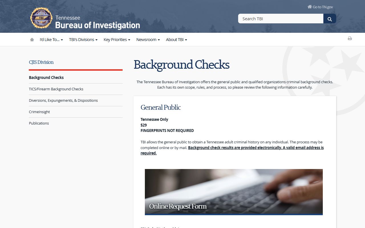 Tennessee Bureau of Investigation Background Checks Division page showing public and agency search options