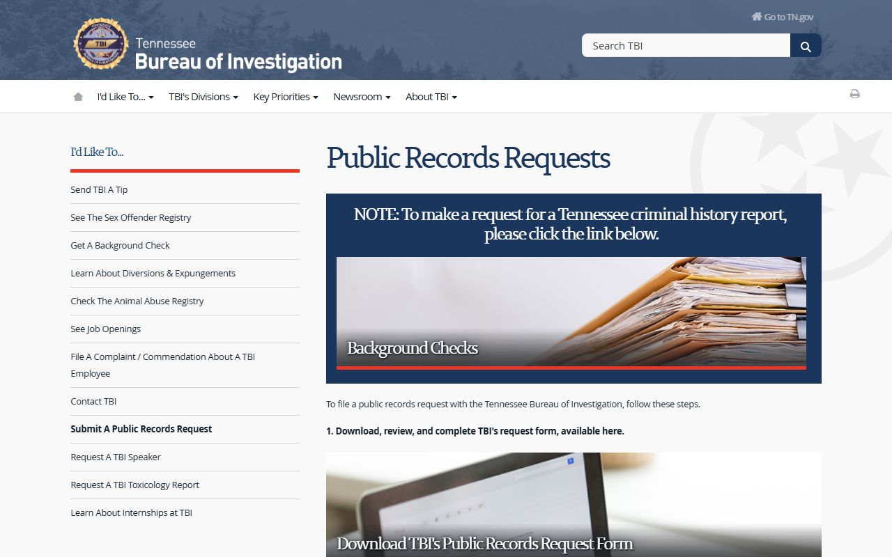 Tennessee Bureau of Investigation open records request page with downloadable form