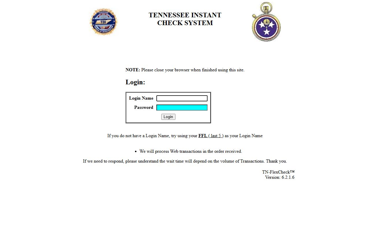 Tennessee Instant Check System TICS firearm background check portal managed by TBI
