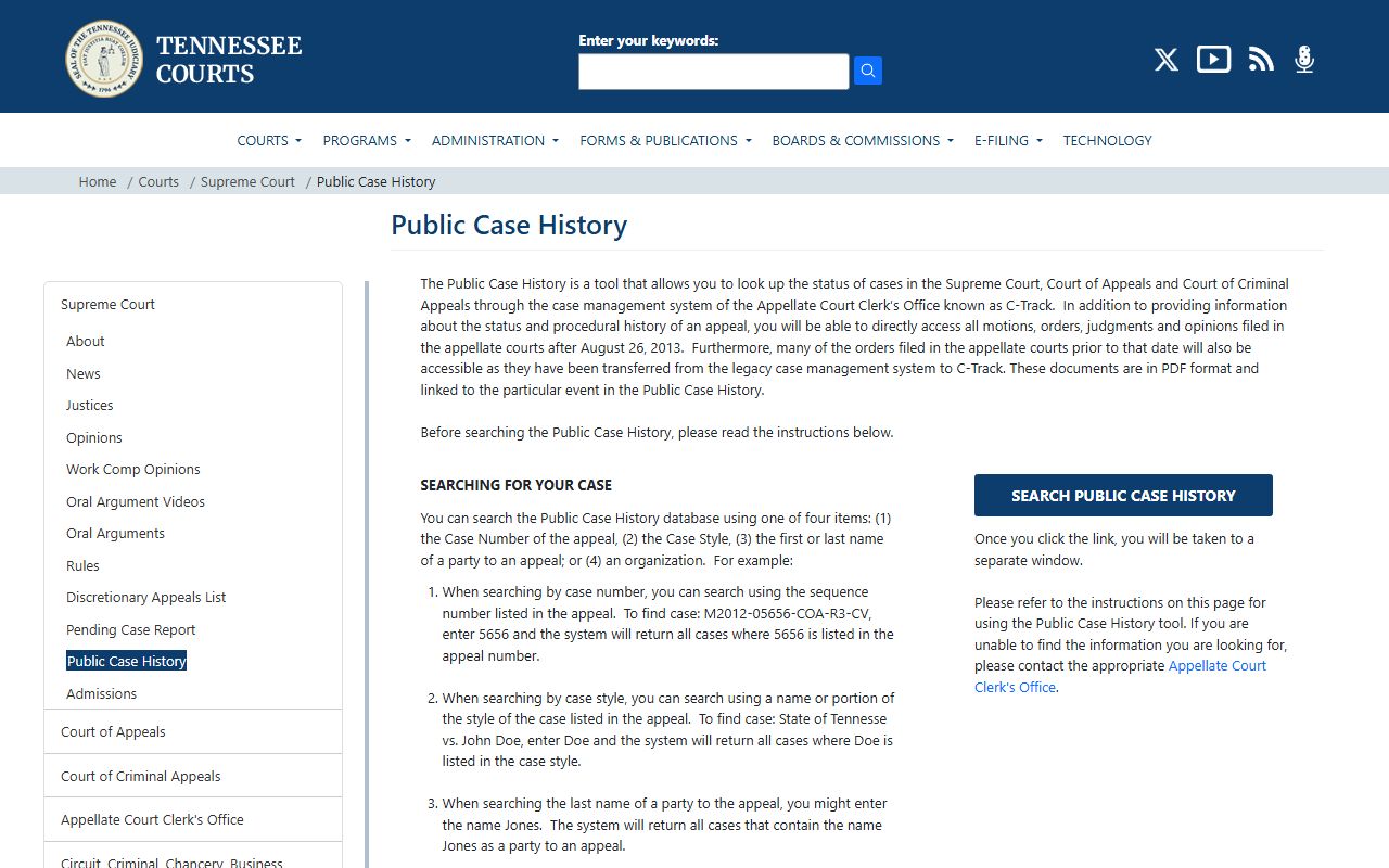 Tennessee courts Public Case History portal for searching Supreme Court and appellate records