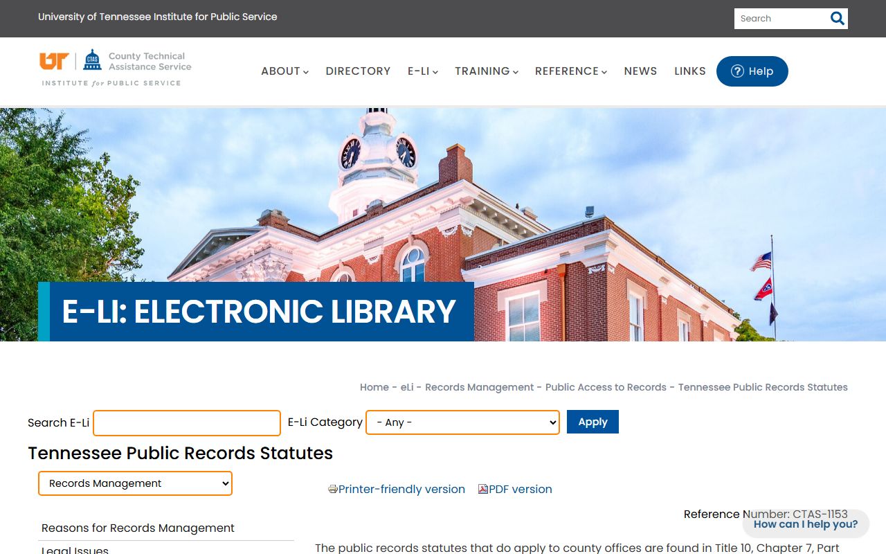 Tennessee Public Records Act statutes reference page from the County Technical Assistance Service